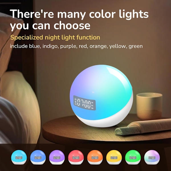 Smart vækkeur med lys med 20+ farver, 12 lyde, 4 alarmer, solopgangsvækning, snooze, sleep timer, natlys, app-styring, LED-stemningslys hvid