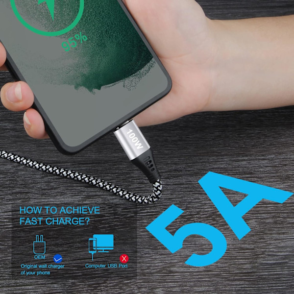 USB Type C-kabel, [3-pak/6 fod] 100W 5A Supersnabbladdning