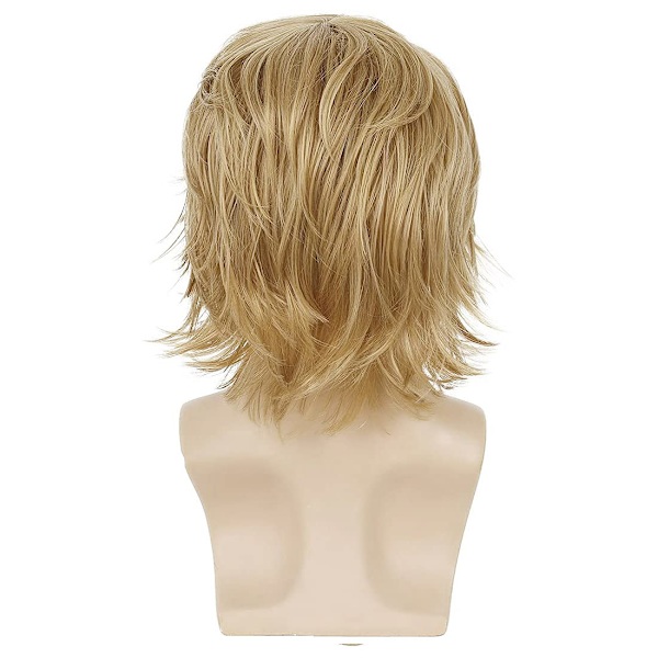 Blond peruk för män, kort, fluffig, flerskiktad, blond peruk av syntetiskt hår