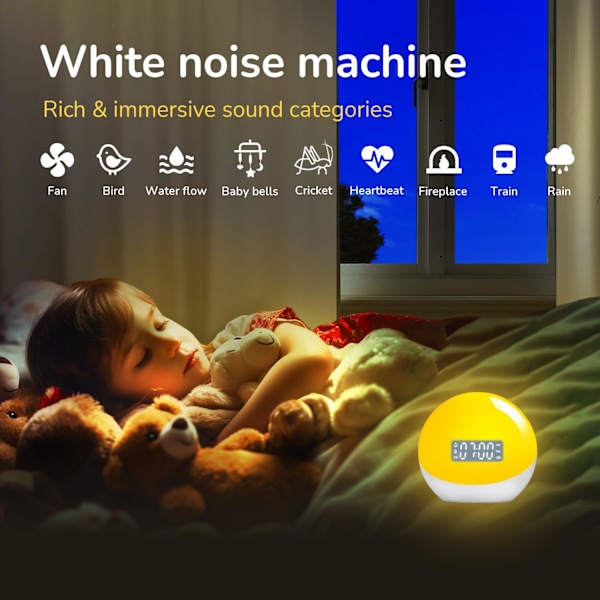 Smart vækkeur med lys med 20+ farver, 12 lyde, 4 alarmer, solopgangsvækning, snooze, sleep timer, natlys, app-styring, LED-stemningslys hvid