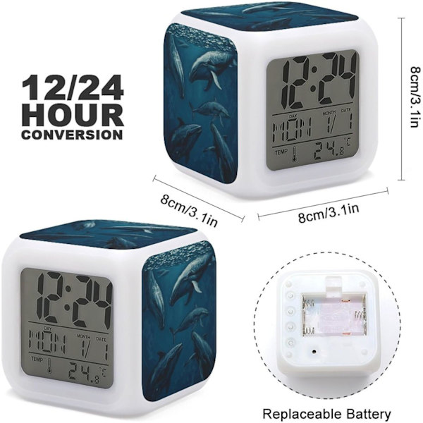 LED-vækkeur, Ocean Whale Print Multicolor Vækkeur Geometrisk Vækkeur Soveværelse Vækkeur Lydløs Vækkeur Hvid Hvid