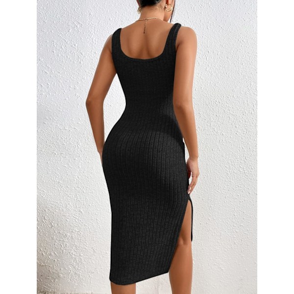 Tank Midi Kjole Kvinder Høj Split Scoop Hals Rib Strik Sommer Pencil Kjoler