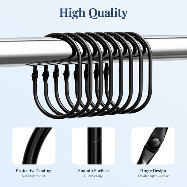 Duschdraperiringar, Bathway Duschdraperikrokar, Svarta Duschdraperikrokar Rostfria, Anti-Drop Släta Duschringar för Draperi, 12 st