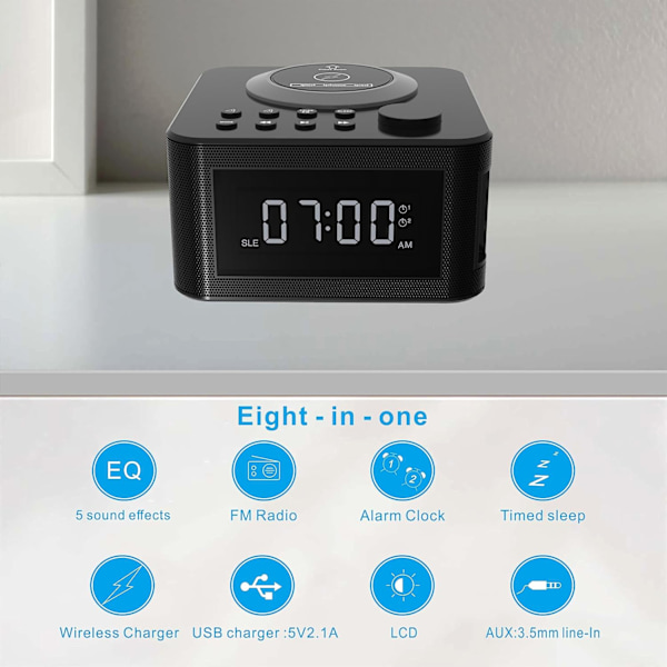 Bluetooth-högtalare med digital väckarklocka, trådlös laddare, FM-klockradio, atomur väckarklocka för sovrum, tunga sovande vuxna, svart