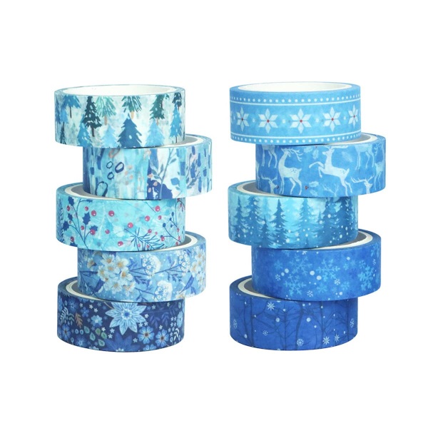 Vinter Washi Tape Set 10 rullar - Blå Vit Snöflinga Blomma Trä Dekorativ Tejp för Hantverk
