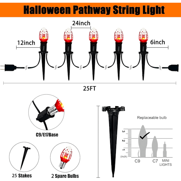 C9 Halloween Pathway Lights Outdoor, 38Ft Halloween Blood Teardrop Pathway String Lights med 25 C9 Flicker Flame Lights, Halloween Dekorasjon