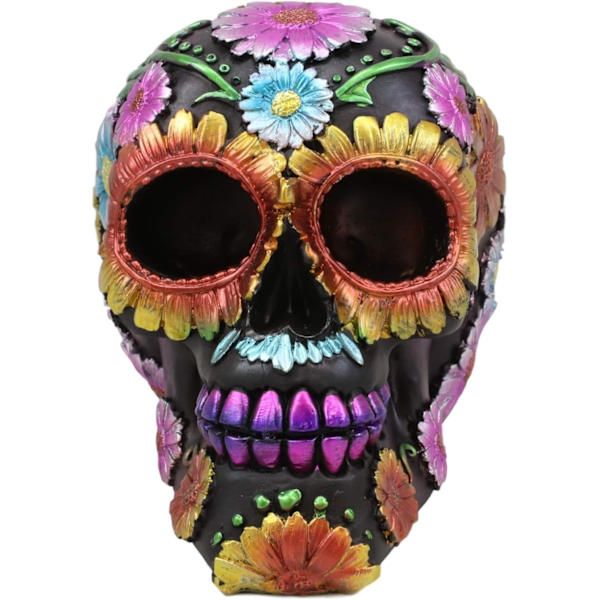 Ebros Black Day of The Dead Floral Blooms Sugar Skull Figurine DOD Skulls Statue 6\" Lang Som Ossuary Macabre Decor Samleobjekt (Spring Spring