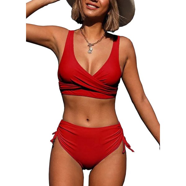 ASKSA Dam Baddräkt Set Crossover Rygg Baddräkter Badkläder Dragsko Sida Strandkläder Baddräkt, Röd, XL Red XL
