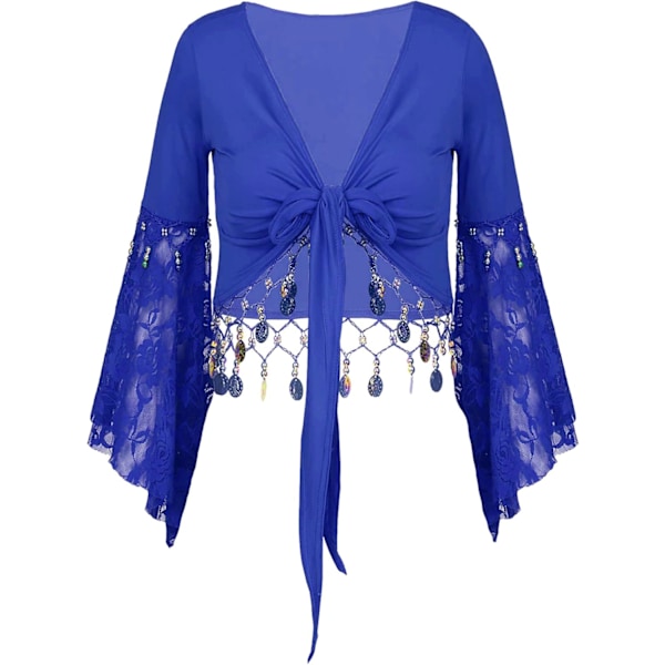 Kvinnors magdanskläder magdans spets 3/4 Flare Sleeve Crop Top med mynt chiffong danskjol set #01royalblue X-Large #01royalblue X-Large