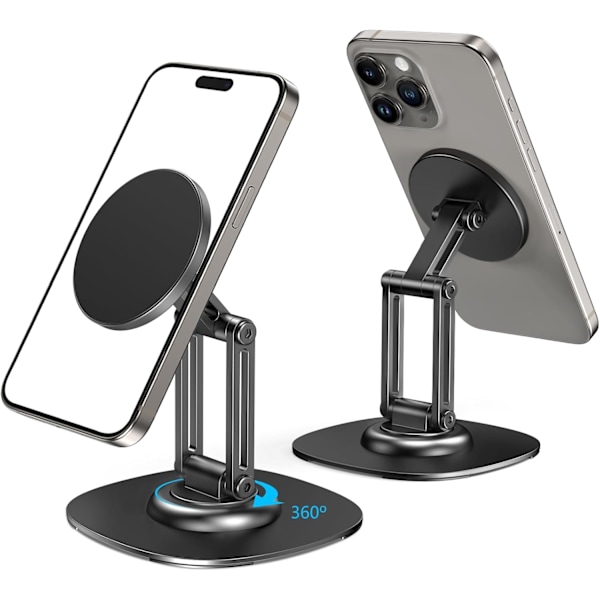 Magnetiskt Telefonställ, MagSafe iPhone Ställhållare för Skrivbord med 360° Roterande Metallbas, Vikbart Mobiltelefonställ Kompatibelt med iPhone 16 15 14 13
