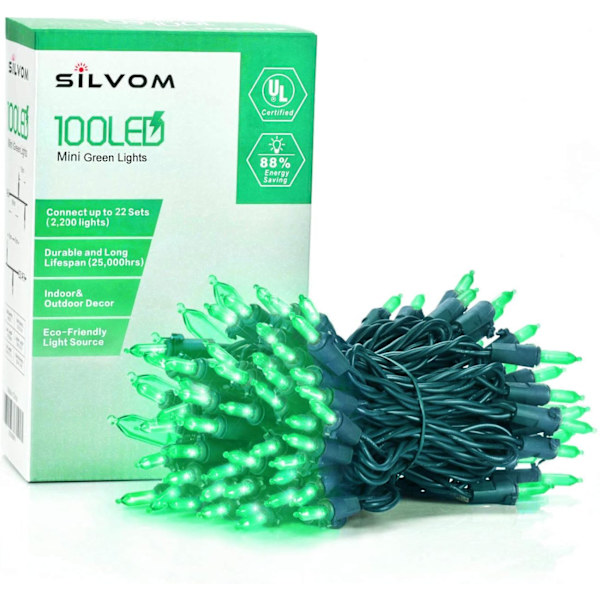 Gröna julgransljus, 33ft 100 LED Mini Xmas Tree Lights, 120V UL-certifierade LED-slingor för St. Patrick's Day, Halloween, jul,