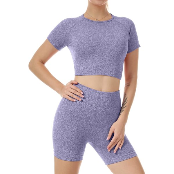 Yoga-kläder för kvinnor 2-delat set träningsdräkt sömlös kortärmad crop top