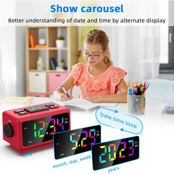 Digitalt vækkeur med 11 dynamisk RGB-display, FM-radiovækkeur med 2 USB-porte, søvnlydmaskiner med timer, 000 % lysdæmper, dobbelt rød