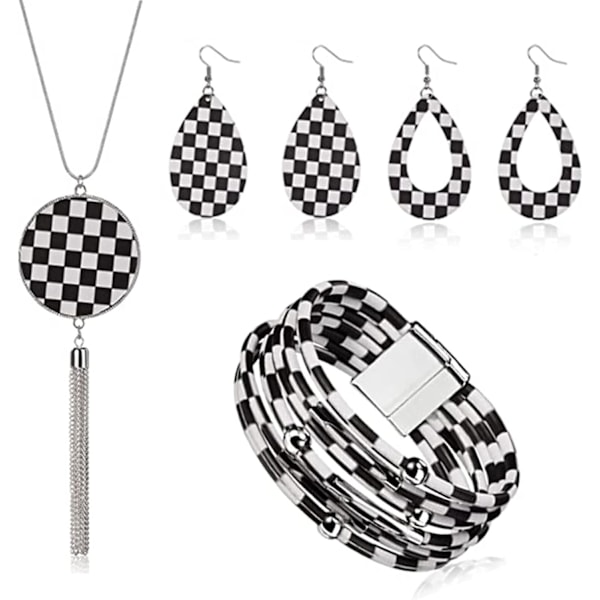 4 Pieces Faux Leather Earrings Necklace Bracelet Set, 4 Pieces Christmas Plaid