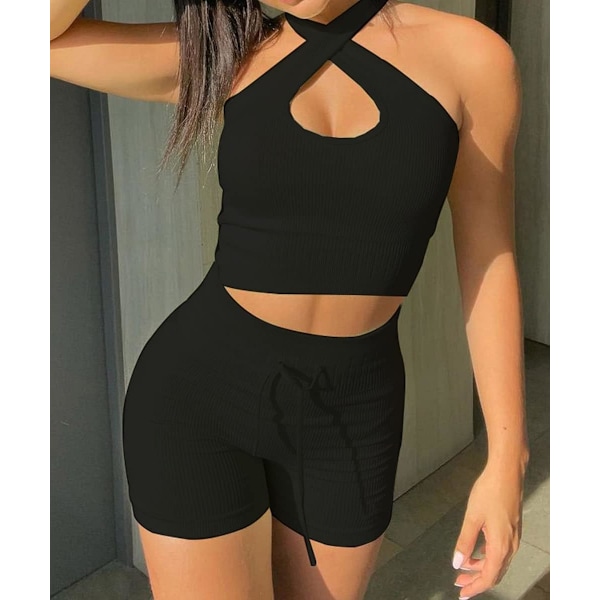 Träningsset för kvinnor 2 delar Ribbad Halter Crop Top och Scrunch Butt Legging