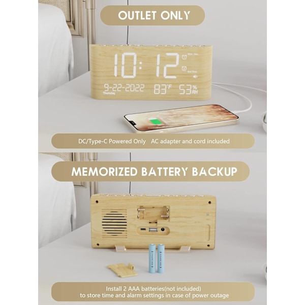 Väckarklocka för sovrum, sängbord, digital väckarklocka i trä med reservbatteri, USB-port, 200 % ljusstyrkedimmer, snooze, dubbelalarm med gult