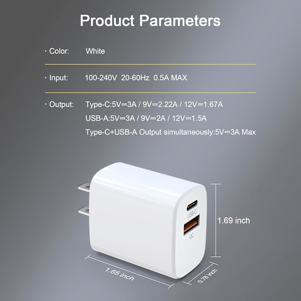 2-pakning USB C vegglader 20W hurtiglader dobbel port vegg