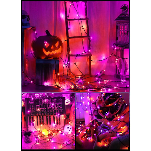 Oransje lilla utendørs Halloween-lys, 39 fot 100 LED julelys med 8 lysmoduser, vanntett minilyslenke plugg inn for hage