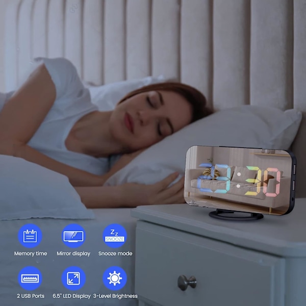 Digitalt vækkeur, stort LED-display og spejlbordur med dobbelte USB-opladerporte, 3 niveauer lysstyrke, 12/24H, moderne elektronisk ur til