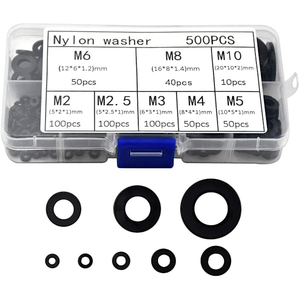 500 stk. sorte nylon-skiver - isolerende pakning O-ring tætninger assorteret sæt