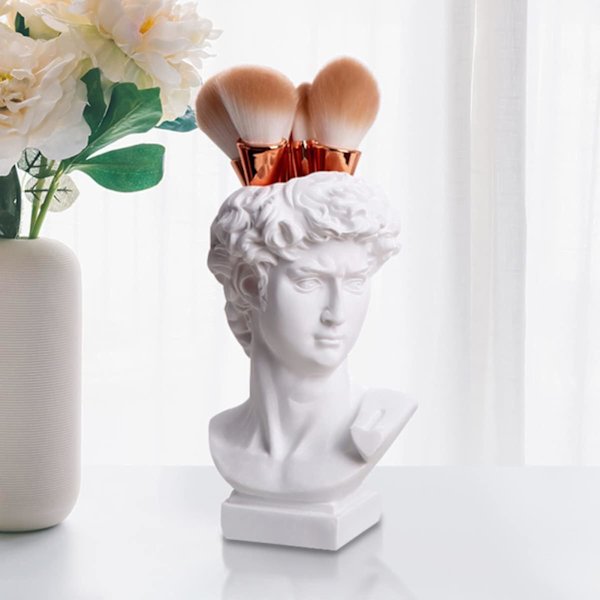 Skrivebordsdekorasjon Blyantholder Miniblomsterpotter David-skulptur i hvitt David-skulptur David- byste Statue Harpiksstasjonærholder Holder Harpiks Sminke Hvit