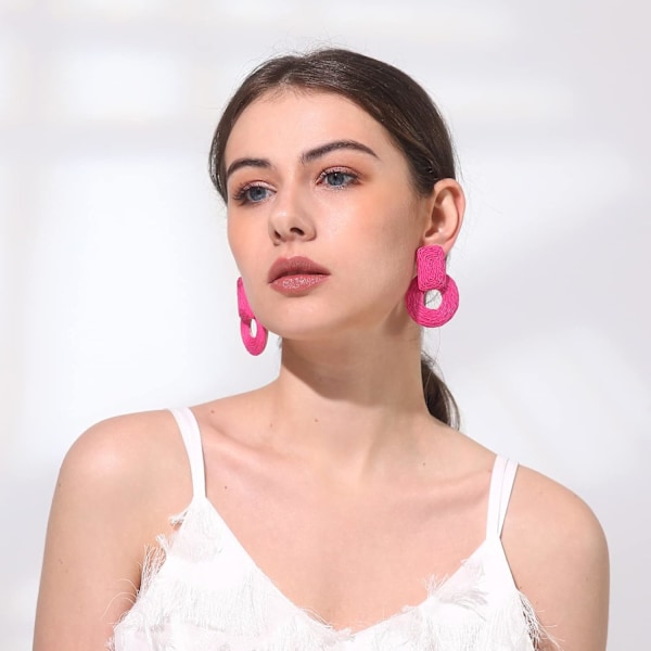Statement Raffia Runda Örhängen - Boho Drop Handgjorda Halmörhängen