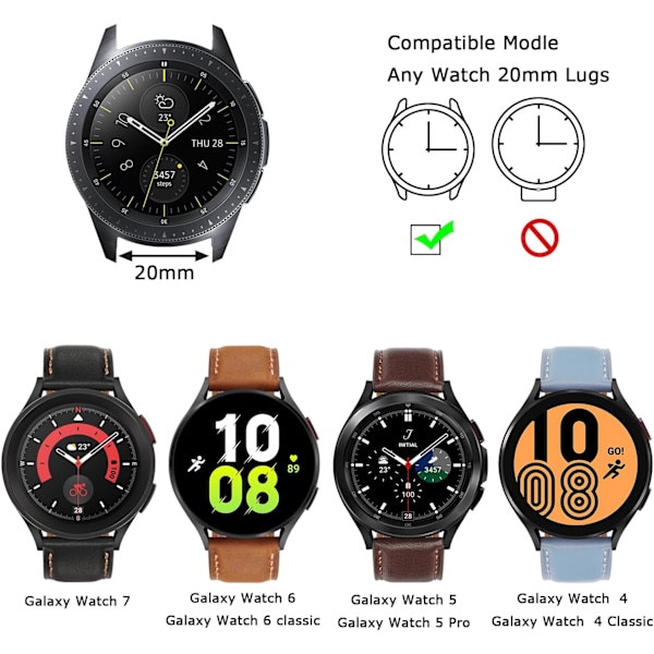 Læderremme Kompatibel med   Galaxy Watch Ultra 47mm 7/6/5/4 Rem/Watch 6 Classic 43mm 47mm/Watch 5 Pro Rem, Ægte Læderrem til Galaxy