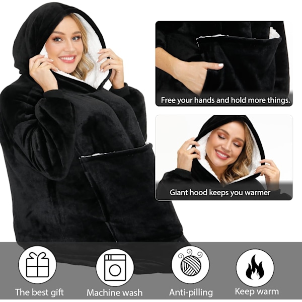 Bärbar filttröja, Oversized Sherpa Sweatshirtfilt med huva och ficka