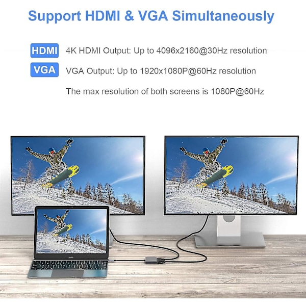 USB C till Vga HDMI-adapter, 4 i 1 typ C Hub till Vga HDMI 4k Uhd med 87w Pd-laddningsport + USB 3.0-port kompatibel med Macbook Pro och Moregray