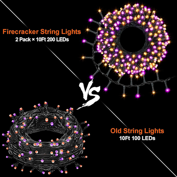 Lilla oransje Halloween-lysslynge på batteri, totalt 20 fot 400 LED-klyngelysslynge med timer 8 moduser Fyrverkerilys utendørs vanntett