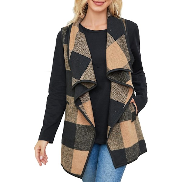 Dame Vest Lapel Åben Front Buffalo Plaid Ærmeløs Cardigan Jakke Frakke med