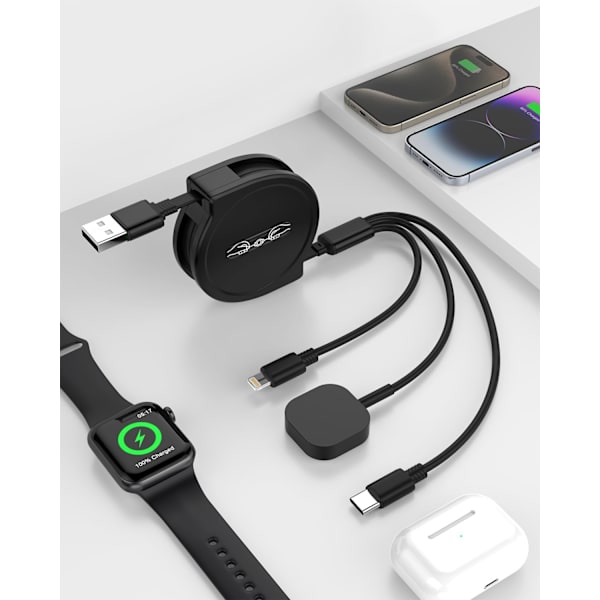 4FT Retractable Phone iwatch Charger Cord, Multi 3 in 1 USB Charger för Apple Watch Charger+Lightning + Type C Kompatibel med iWatch