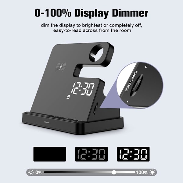 Alarmklokke Telefonlader, 000% Display Dimmer, Justerbart Volum, Vekkerklokke med Trådløs Ladestasjon for iPhone/Apple Watch (Watch Black