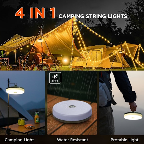 65,6 fot camping ljusslinga, USB-laddningsbar utomhus ljusslinga med 8 belysningslägen varmvitt, bärbar campinglampa för varmvitt