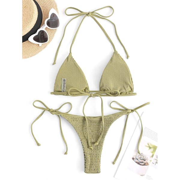 Kvinde Halter Trekant Bikini Ribbet String Smocked Badetøj Cheeky Thong