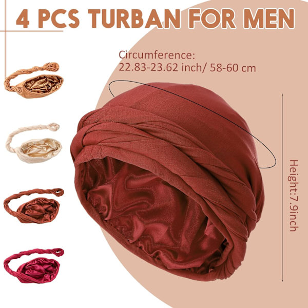 4 delar turban för män Twist Head Wraps för män Stretch