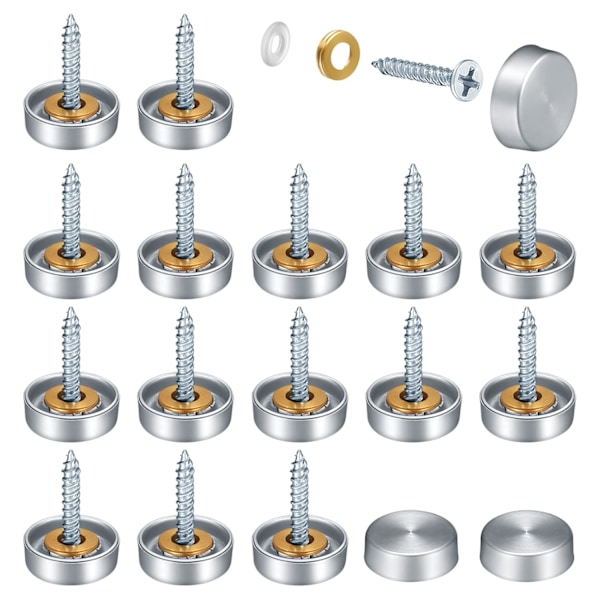 16 Sets Stainless Steel Mirror Screws 16mm, Decorative Cap Covers Screws