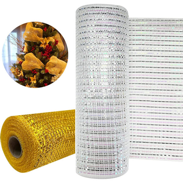 Deco Mesh 10 tommer x 30 fod, mere bredde metallisk folie mesh stof, guld/hvid