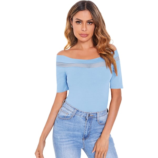 Kvinners Sexy Off Shoulder Kort Ermet Slim Fit Mesh Insert Topp Skjorte