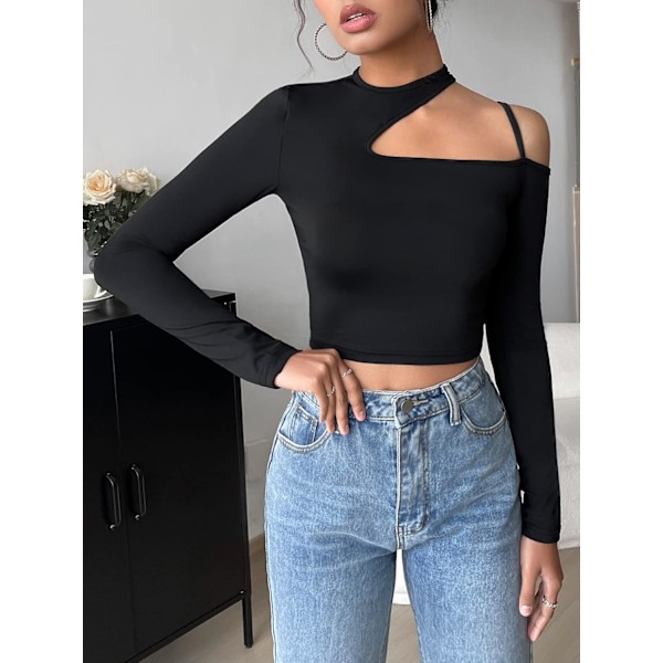 Kvinners utskårne langarmede rundhalsade Crop Top Slim