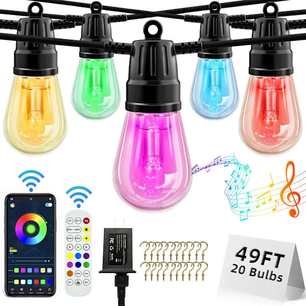 Utomhus ljusslingor, RGB varmvit uteplatsbelysning 49ft 20 LED-lampor, fjärr- och appstyrning, färgväxling, IP65 vattentäta hängande lampor för