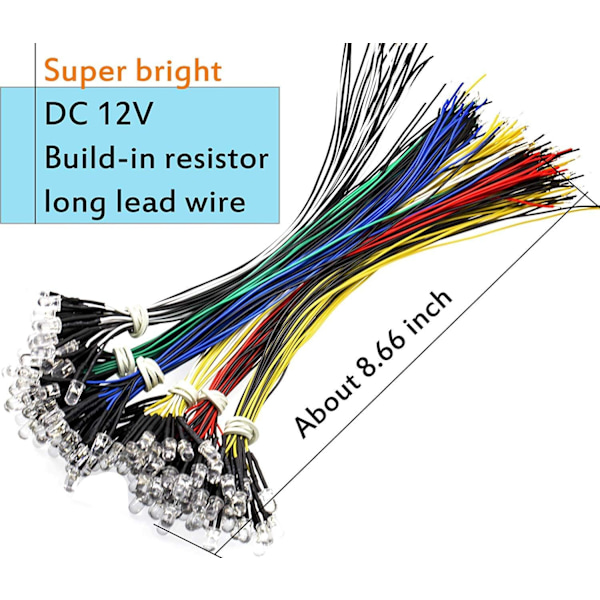 120 st förtrådade 12V LED-dioder - 5 mm (röd, gul, grön, blå, vit, varmvit)
