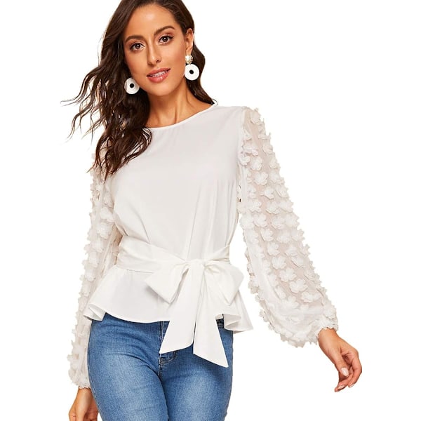 Kvinners Mesh Brodert Blomster Erme Selvbåndet Bluse Topp