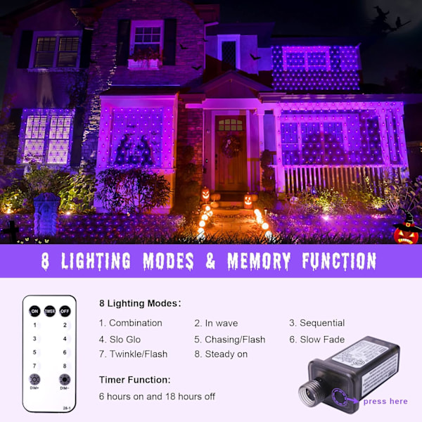 Lilla Halloween-nettlys utendørs - 360 LED-nettlys vanntett med fjernkontroll, 12x5 fot utvidbar 8 moduser julelys med grønn ledning