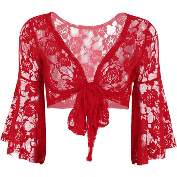 2PCS Kvinnors Magdans Klänning Oufits Set Mag Lång Flare Ärm Spets Crop Top med Chiffon Danskjol #02röd En Storlek #02röd En Storlek