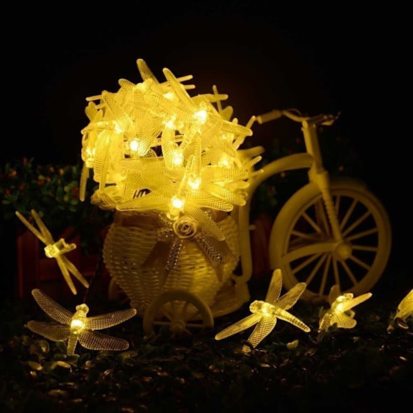 Dragonfly Lights, 20FT/6M 30 LED Solcellslingor med 8 lägen Ljus Vattentät för Utomhus, Trädgård, Juldekorationer (Varm Vit) Varm