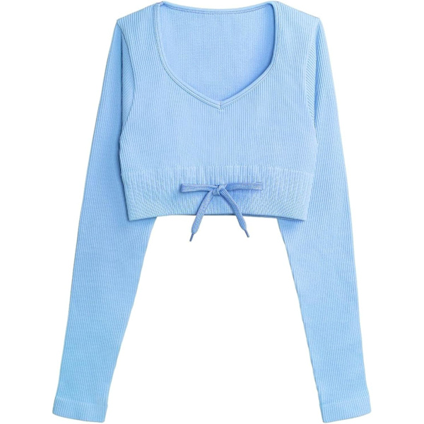 Kvinnors Ribbade Stickade Mjuka Andningsbara Sport Crop Top Långärmad Plunge Träning