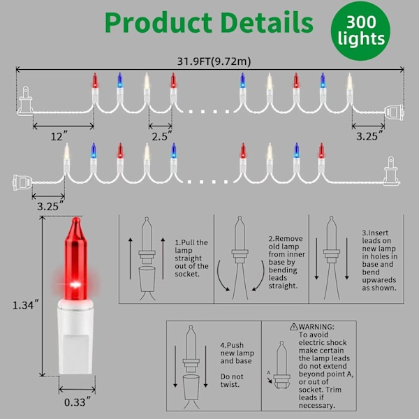 Patriotiske lyslenker - Rød, hvit og blå minilys med hvit ledning - 31,9 fot