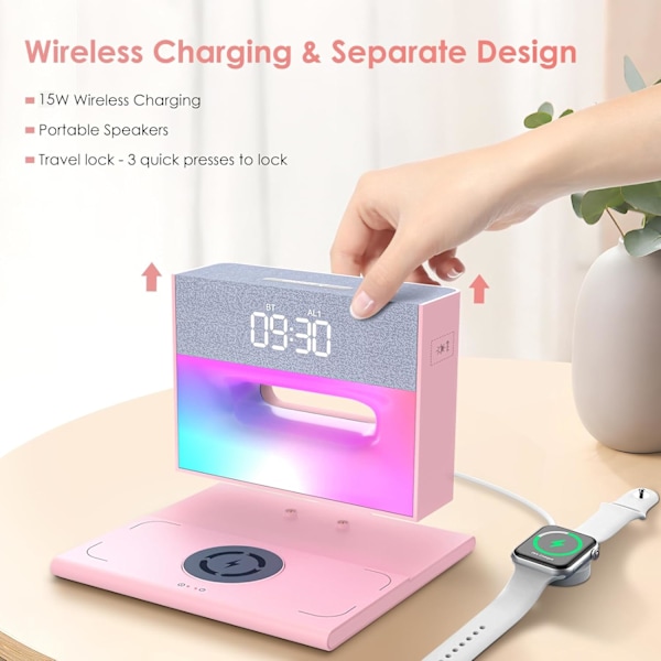for soverom, Vekkerklokke Bluetooth-høyttaler, Vekkerklokke med trådløs lading, 4 i 1 Touch-senglampe, Bluetooth-vekkerklokke for tunge rosa