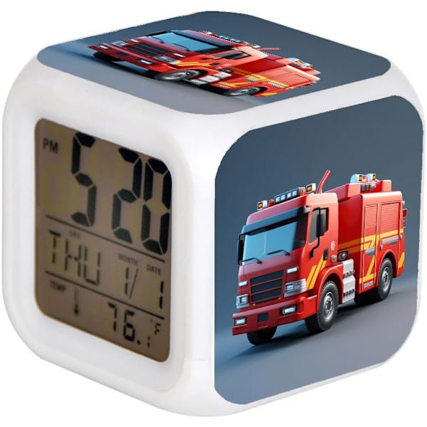 7 färger LED väckarklocka digital termometer väckarklocka nattlampa för barn sovrum heminredning 3D brandbil vit vit